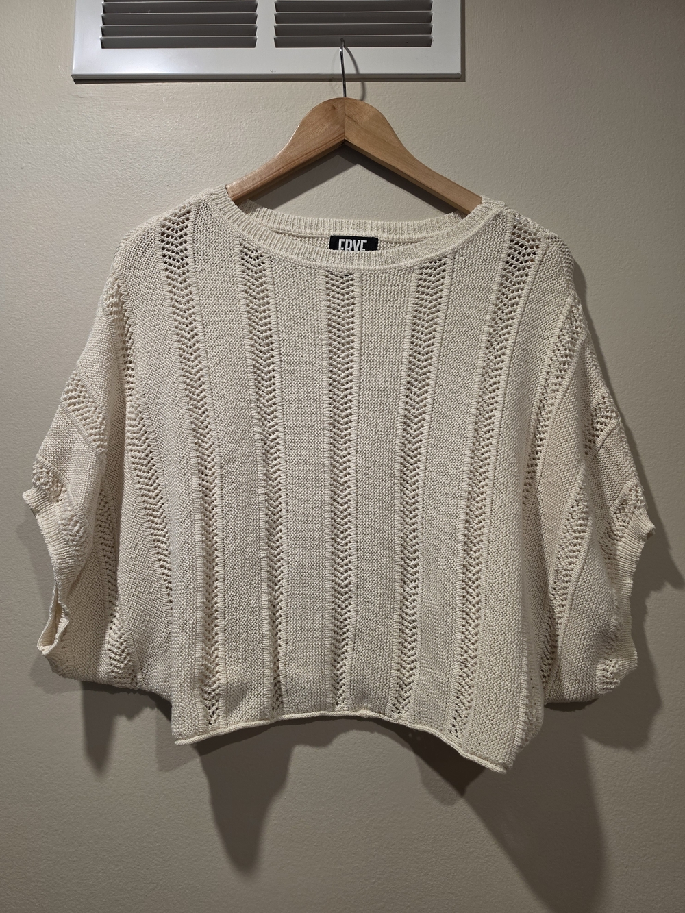 FRYE Cream Open Knit Sweater Women’s Size XS Short Sleeve Pointelle Crochet Pull